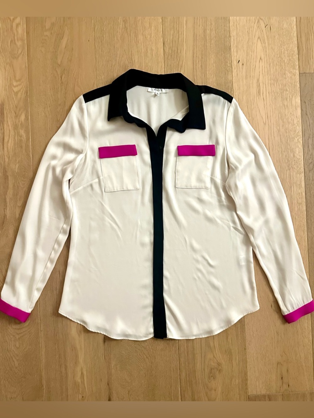 Milly Miranda Shocking Pink Black Multicolor Trim Buttondown Blouse Size 10